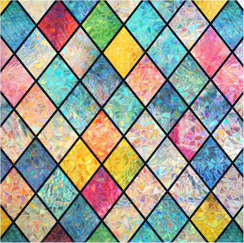 Haton Stained Glass Window Film, Rainbow Window Privacy Film, Decorative Sun Blocking Glass Clings Stickers, Static Cling Colorful Lattice Coverings Decals for Home Door 35.4" x 118.1" - Image 1